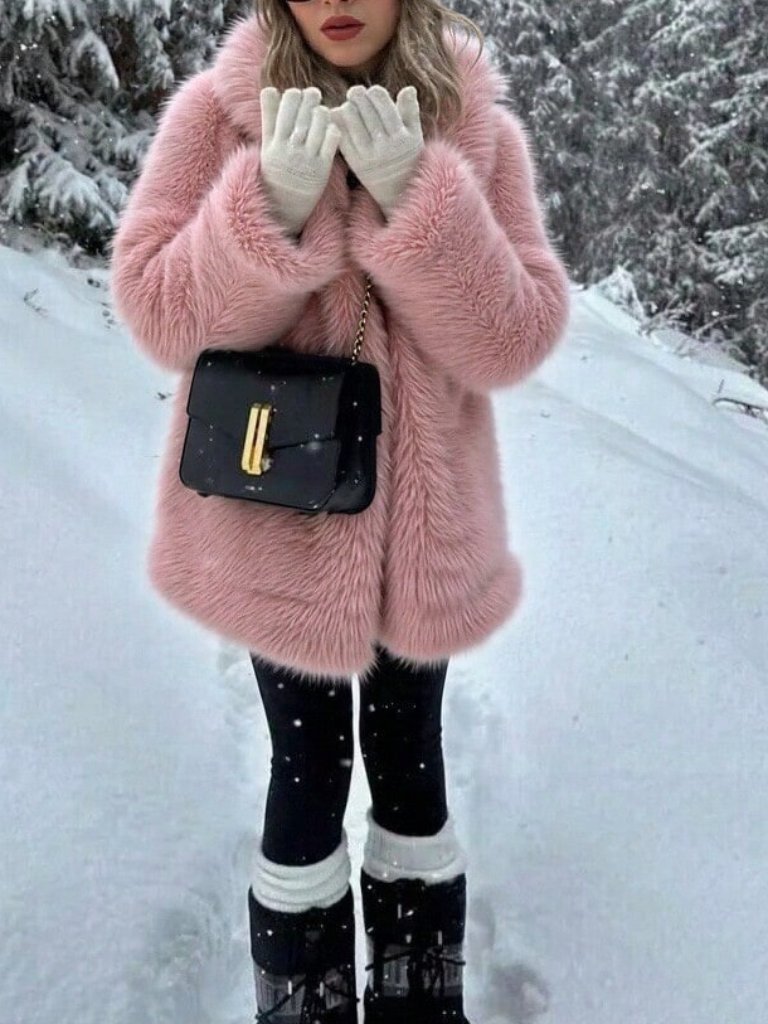 Pink Casual Women's Faux Fur Coat